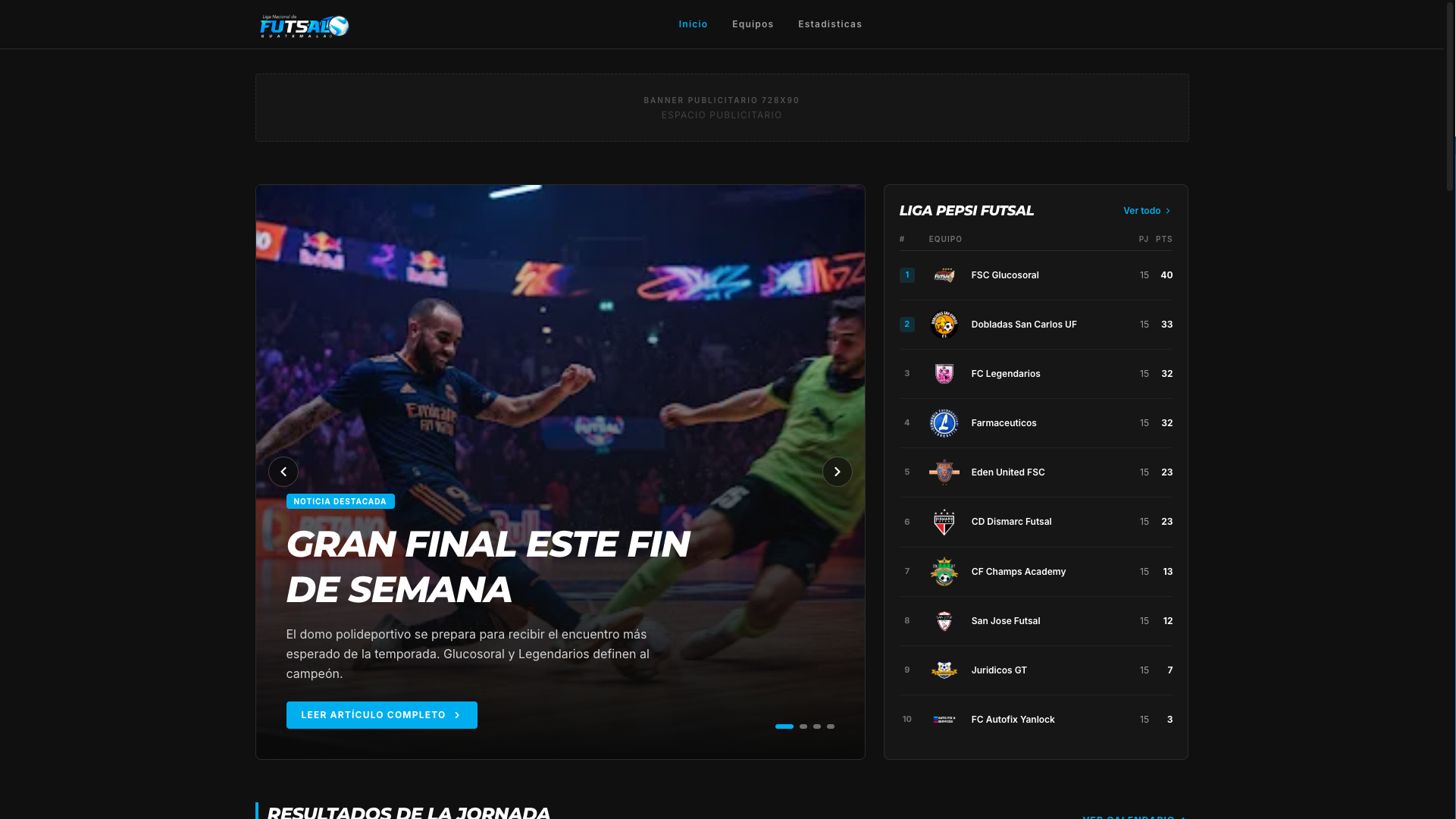 Captura del sitio actual de Liga de Futsal Guatemala, pendiente de publicar