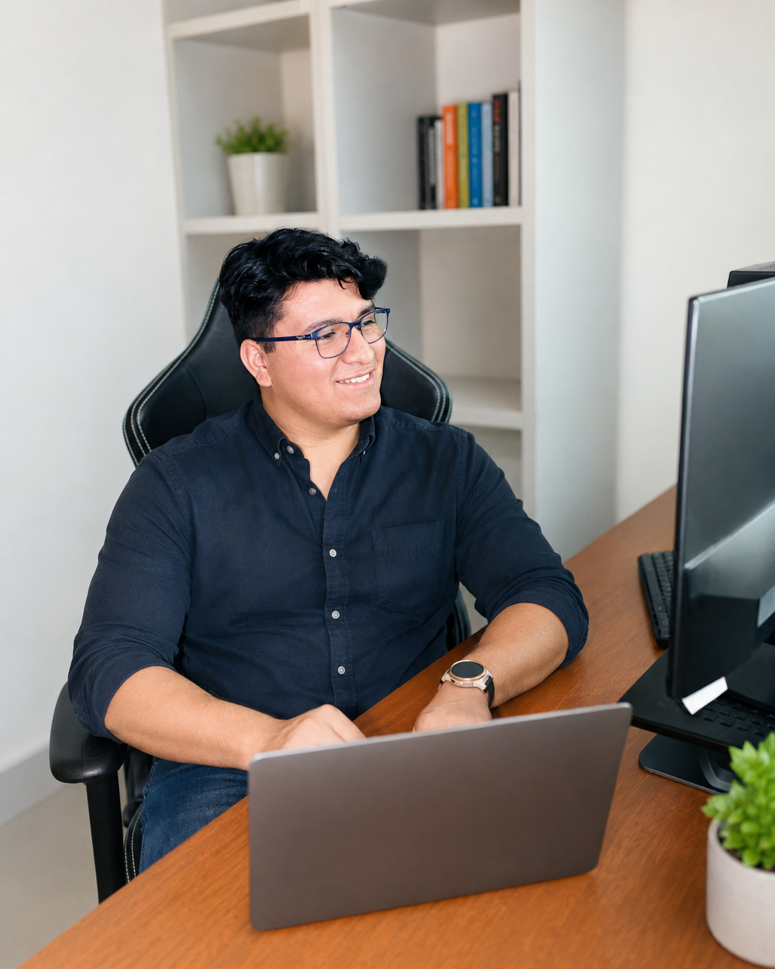 Albert Trujillo sonriendo en su escritorio, trabajando con su laptop y un monitor externo