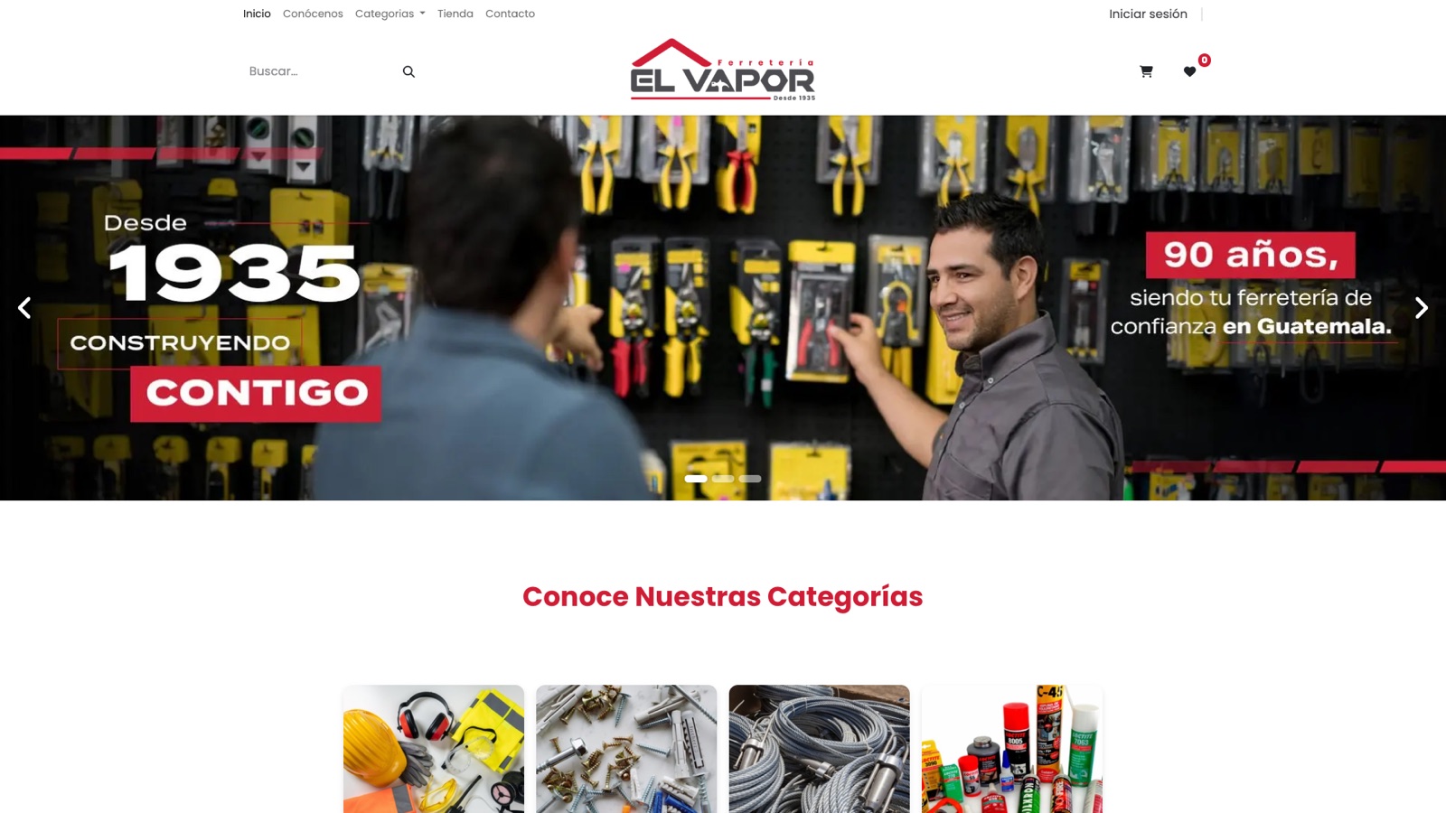Sitio actual de Ferretería El Vapor: navegación por categorías, carrito, buscador destacado y carrusel de campaña